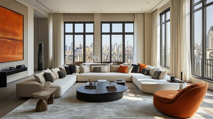 Poster - Modern living room with sectional sofa, coffee table, and city views.