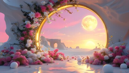 Wall Mural - Enchanting floral archway in desert hues, bathed in golden light, with an open door revealing a pink sky and moonlight filtering through, surrounded by ethereal white spheres.