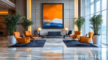 Aufkleber - Modern lobby interior with orange chairs, abstract painting and plants.