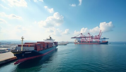  Vibrant maritime scene with cargo ships and dock cranes