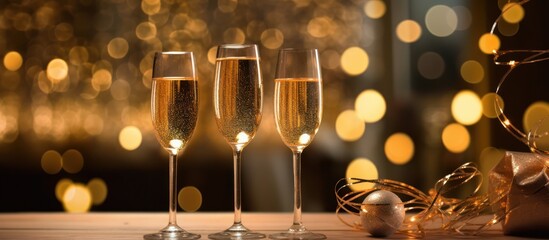 Three Champagne Flutes with Festive Lights