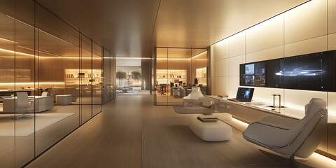 Aufkleber - Modern office interior with glass walls, a white lounge chair, a white ottoman, a wooden desk, and a large monitor displaying a futuristic design.