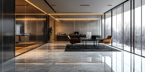Poster - Modern office interior with sleek furniture, marble floor, and large windows overlooking a snowy forest.
