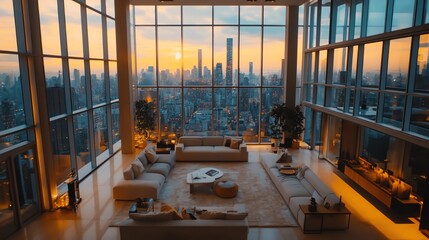 Aufkleber - Modern penthouse living room with panoramic city view and sunset.