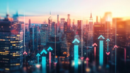 Poster - blurry network interface with arrows pointing up over new york city panorama background. concept of 
