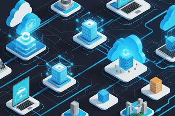 Poster - Isometric 3D Illustration of Cloud Networking Technology and Connectivity