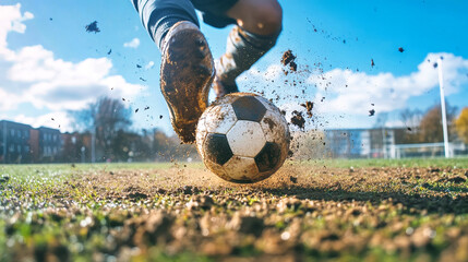 Wall Mural - A football player skillfully kicks the ball, sending dirt flying into the air against a background of blue skies and grassy fields, emphasizing the intensity of the game