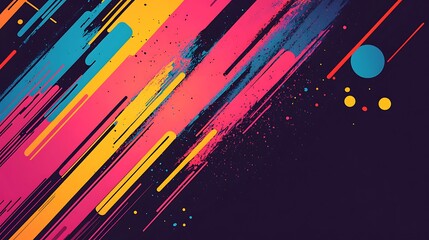 Abstract background with vibrant diagonal lines, colorful dots, and a dark background.