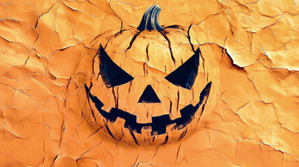 Wall Mural - A cheerful jack-o'-lantern with a menacing grin stands out against a textured orange crumpled paper background, embodying Halloween's playful spirit