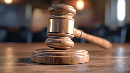 A close-up of a wooden judge's gavel resting on a table with a blurred courtroom in the background, showcasing intricate details and craftsmanship