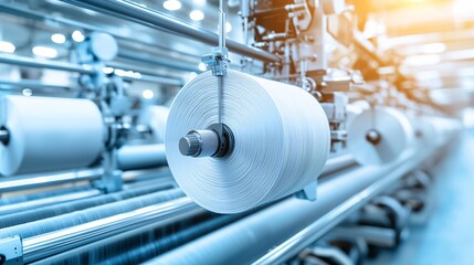 Poster - textile weaving machines producing fabric in a modern textile mill, textile production, fabric manuf