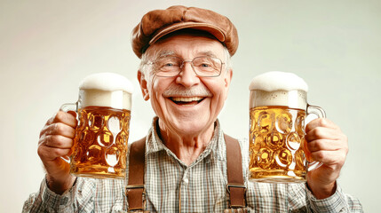 A happy senior man wears traditional lederhosen and a festive foam cap while cheerfully holding two beer mugs, capturing the spirit of Oktoberfest in a warm atmosphere