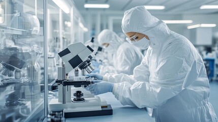 Workers in a cleanroom environment assembling medical devices, medical device production, high-tech health manufacturing