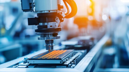 Poster - a modern assembly line in an electronics plant producing smartphones, smartphone production process,