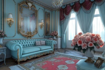 Luxury rococo living room Marie Antoinette decor, pale blue sofa, gold mirror and window with drapes.