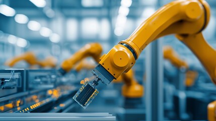 Poster - A factory assembly line with robotic arms assembling electronic devices, robotic assembly, automated production