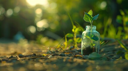 Wall Mural - Tiny green plant growing in a glass bottle in sunlight filled soil