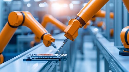 Poster - A factory assembly line with robotic arms assembling electronic devices, robotic assembly, automated production