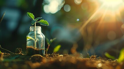 Wall Mural - Tiny green plant growing in a glass bottle in sunlight filled soil