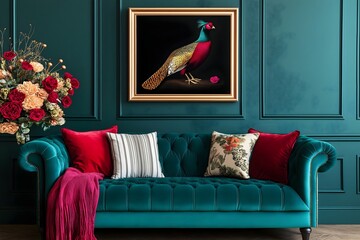 living room interior backdrop with sofa, floral cushions, floral arrangement and pheasant painting.