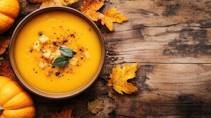 Wall Mural - Pumpkin soup in bowl with yellow pumpkin overhead view