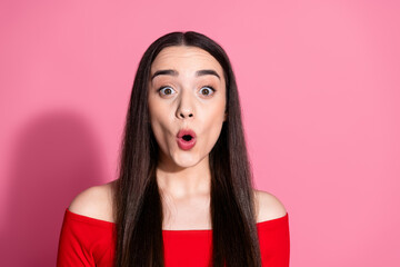 Wall Mural - Portrait of pretty young woman open mouth empty space red shirt isolated on pink color background