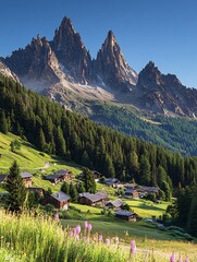 Wall Mural - A picturesque village nestled in the valley with towering mountains in the background.