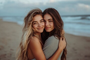 Two young women hug on the beach. Perfect for a photo of friendship, love, and happiness.