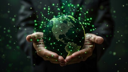 Poster - a person holding a glowing globe surrounded by interconnected lines symbolizing global connectivity 