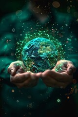 Poster - a person holds a digital globe illuminated with connections, representing technology and global comm
