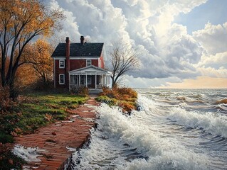 Poster - Brick Path to the Sea: A Stormy Landscape Painting