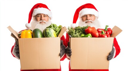 Two individuals dressed as Santa Claus holding cardboard boxes filled with fresh vegetables during the holiday season