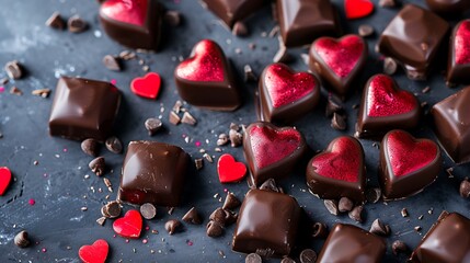 Wall Mural - Top view a chocolate sweet with red hearts and a saint day backdrop