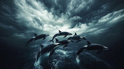 Wall Mural - A pod of orcas leap out of the water, their black and white bodies silhouetted against a dramatic, stormy sky.