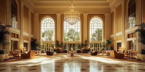 Poster - Sunlit lobby with grand windows, ornate columns, and plush seating.