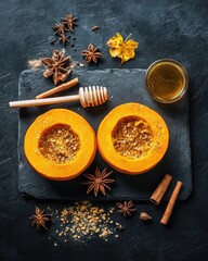 Poster - Healthy vegan baked pumpkin with spices and honey on black stone background