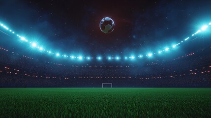 A vibrant stadium scene showcasing bright lights, lush green grass, and an illuminated ball, evoking the excitement of a night match.