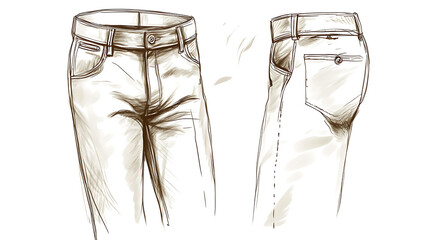 Hand-drawn sketch of a pair of jeans, front and back views.