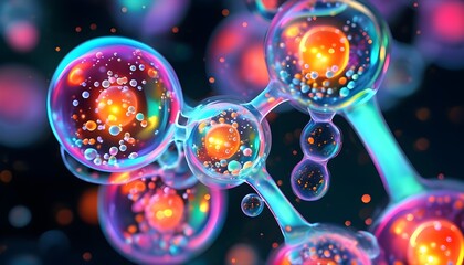 Wall Mural - Vibrant Abstract Molecular Structure with Glowing Bubbles for Science and Technology Themes in Futuristic Presentations