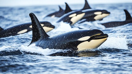 Wall Mural - a pod of orcas swim in the ocean, creating waves.