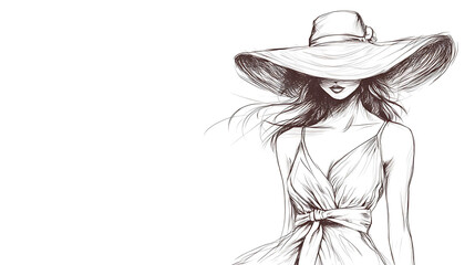 Poster - Fashion illustration of a woman in a large sun hat and dress.