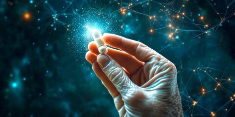 Poster - A hand reaching for a bright star. The image captures the intersection of technology and human touch. This abstract style conveys hope and discovery in the cosmos. AI