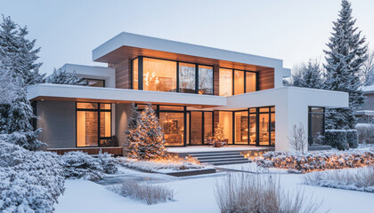 Modern house with christmas lights glowing in the snowy evening