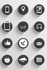 Black and white icons representing modern technology and communication tools arranged on a light background