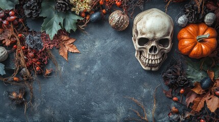 Poster - Halloween themed flat lay with skull and creepy elements on stone surface