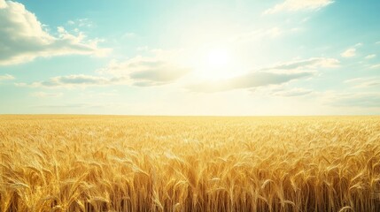 Wall Mural - Golden Wheat Field Under a Bright Sunlit Sky with Fluffy Clouds on a Clear Summer Day