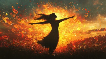 Wall Mural - Silhouette of Woman Embracing Fiery Sunset with Outstretched Arms in a Field of Tall Grass