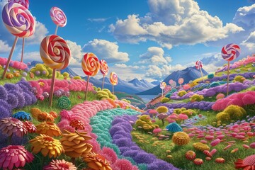 A colorful landscape filled with oversized flowers and whimsical lollipops under a bright blue sky during a sunny day