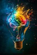 © AlirezA - A vibrant brain illuminated within a light bulb, symbolizing creativity and innovation in a colorful cosmic setting