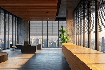 Wall Mural - Contemporary wooden and concrete coworking office interior with empty mock up place on wall, panoramic window and city view, furniture and decorative plants, blinds. 3generative ai